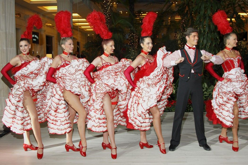 Feather and rhinestone costumes of the French Cancan dancers